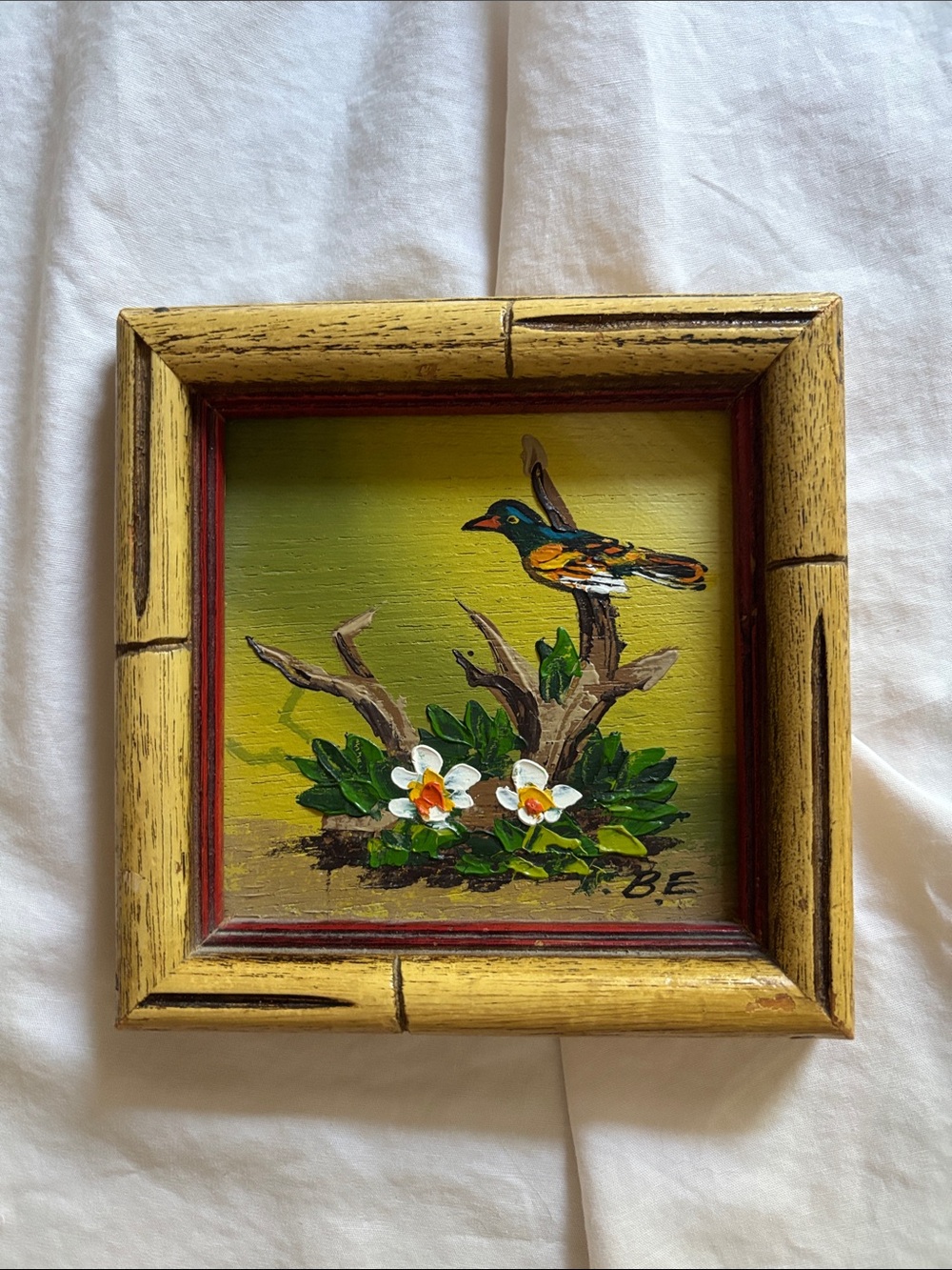MCM Oil Hand-Painted Bird Mini Framed Art - Green & Yellow